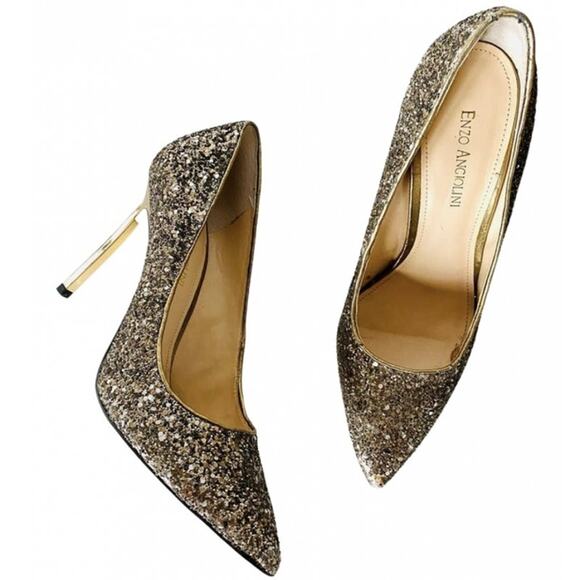 ENZO ANGIOLINI Gold Sequins Sparkle Pointy Toe Metallic Stiletto Heels Shoes 9 - Picture 1 of 10